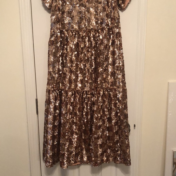 ANTHROPOLOGIE "Maeve" Rose Gold Sequin Tiered Midi Dress - Picture 12 of 12
